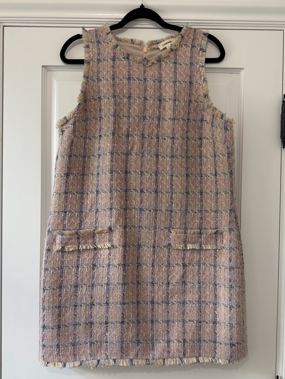 L'AGENCE Florian Tweed Shift Mini Dress - NWOT - Pink, Cream & Blue - Size L
